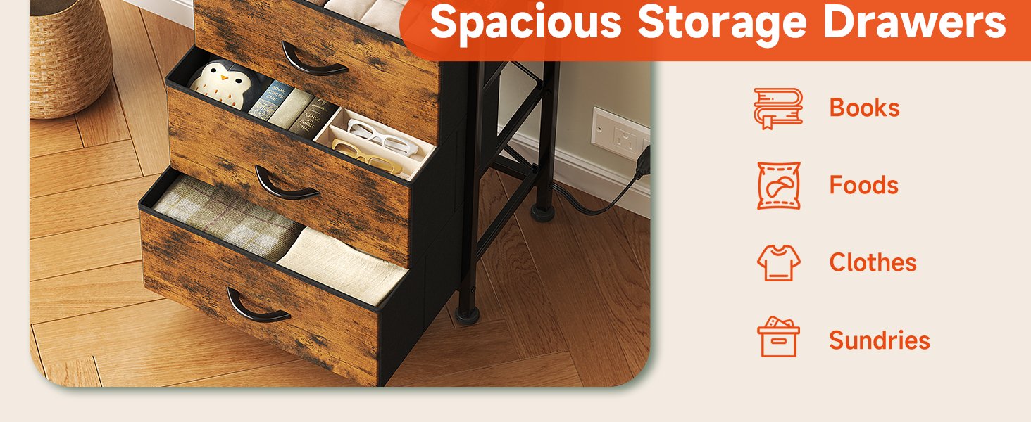 Wooden storage unit with three open drawers on metal frame. Drawers contain various items. Text indicates storage for books, foods, clothes, and sundries.