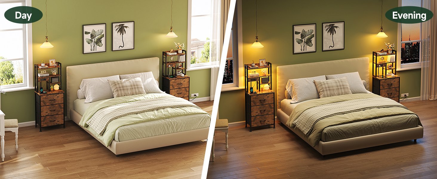 Before and after comparison of bedroom lighting, showing same room with lights off and on.
