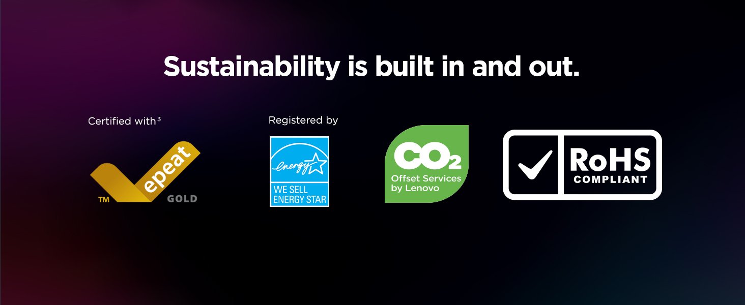 Text reads 'Sustainability is built in and out.' Product certification icons including RoHS compliance and environmental certifications on dark background.