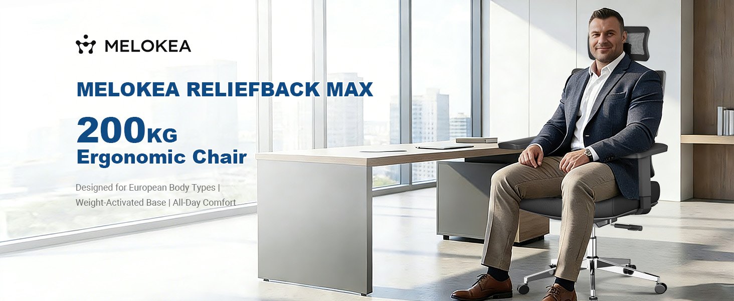 Text reads 'MELOKEA RELIEFBACK MAX' and '200kg Ergonomic Chair'. Office chair product demonstration showing ergonomic features and weight capacity.