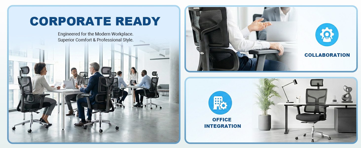 Text reads 'CORPORATE READY'. Four-panel business-themed image showing office environments with meeting rooms and workspaces.